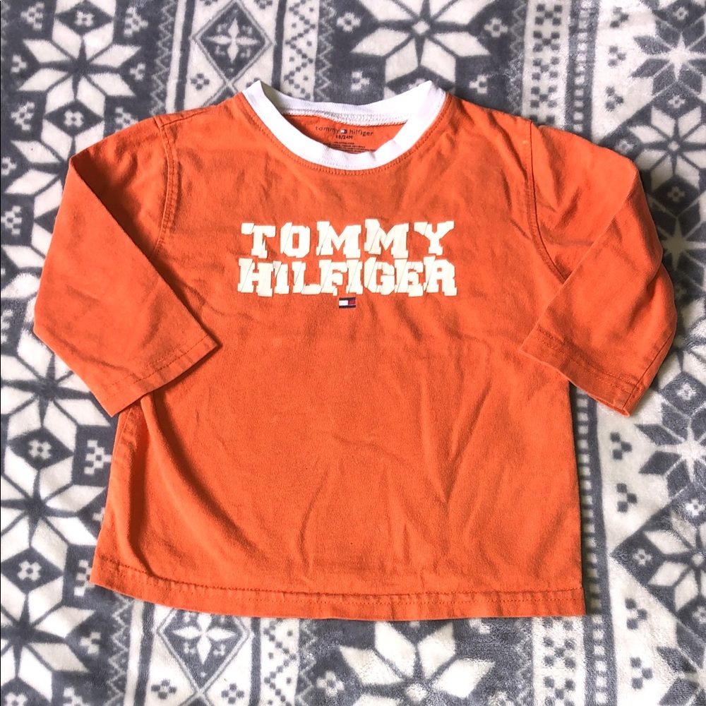 Tommy Hilfiger Orange Long-Sleeve Logo Tee with White Trim
